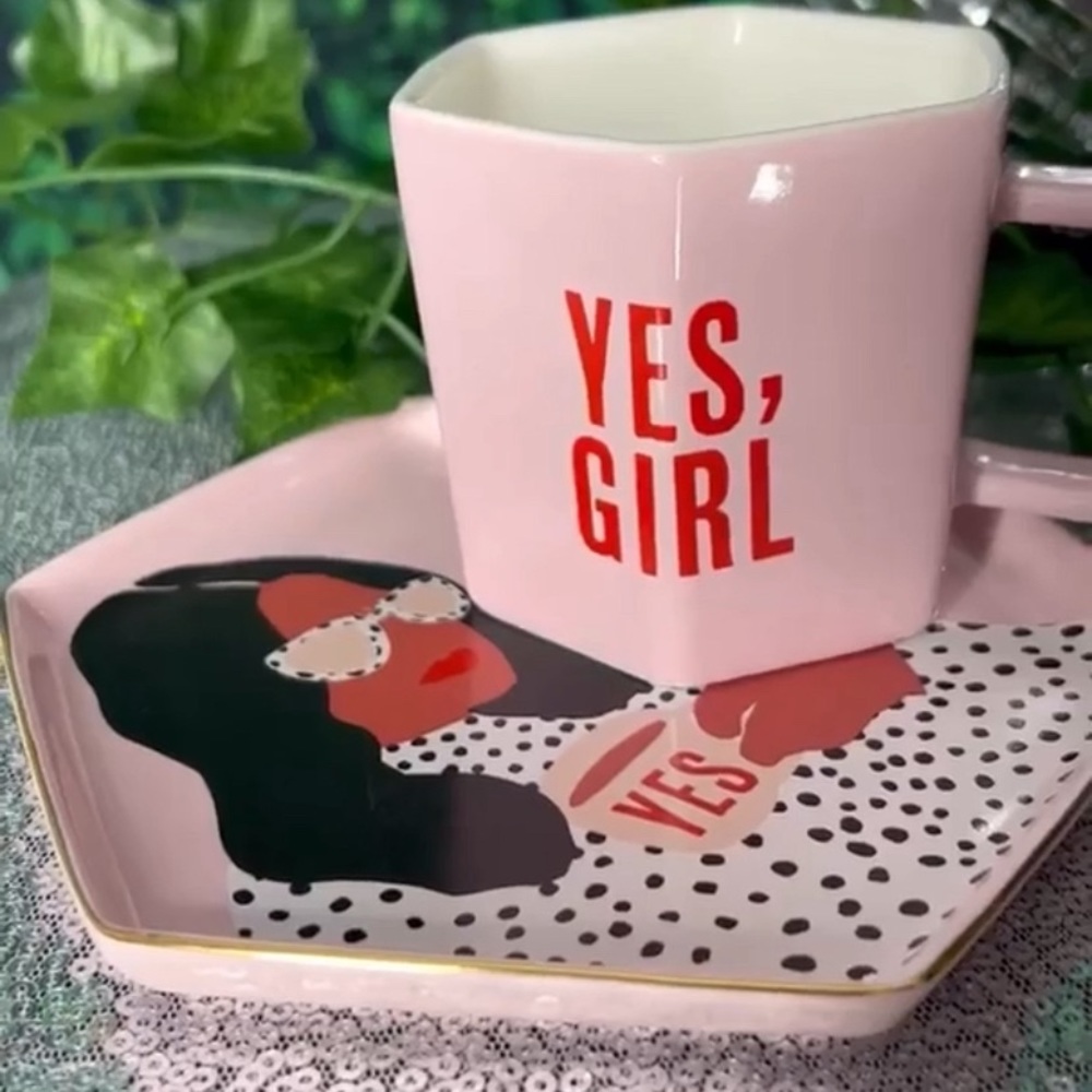 Yes, Girl Hexagon Mug & Saucer Set in Pink